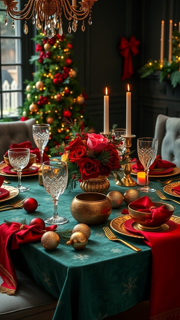 A festive jewel tone Christmas table setting with elegant dinnerware, rich colors, and a seasonal centerpiece.
